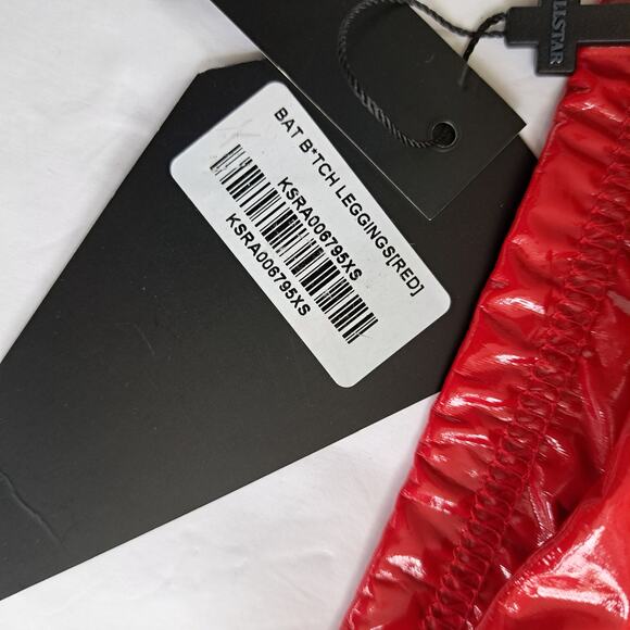 New KILLSTAR Bat B*tch Faux Patent Leather Leggings XS Shiny Red Goth Punk Rock - Picture 5 of 8